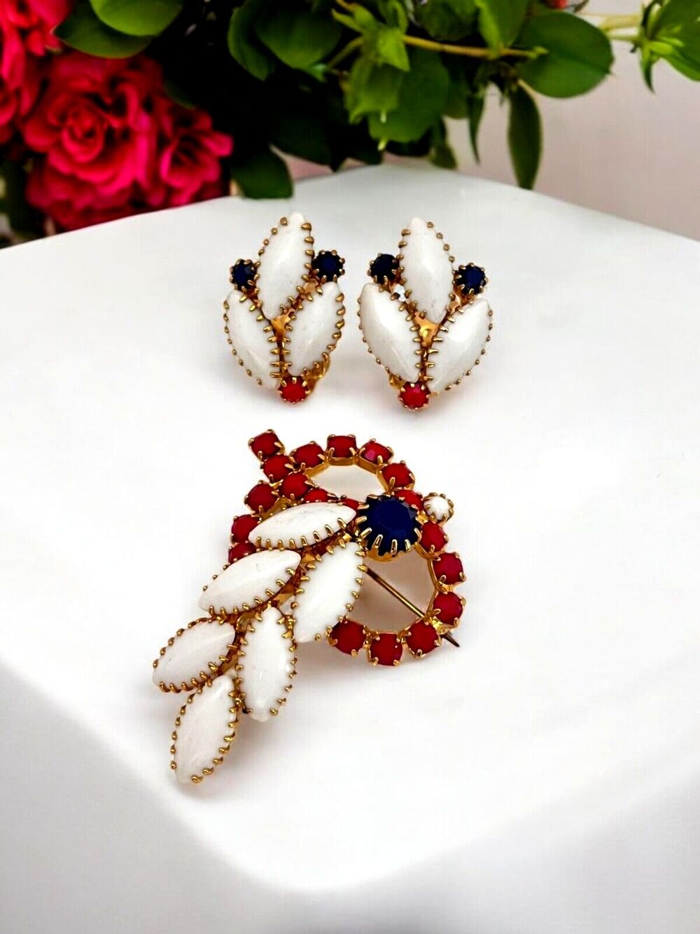 Vintage 1960s Brooch Earring Set Milk Glass Red White Blue Gold Tone Parure - 9B